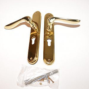 Valli valli Deurkruk geveerd  Massief messing/goud  VV H165P  MES PC55   ARTH165 ARTH136 H165 H136  Lengte= 24mm / breedte = 42mm  Hart op hart maten schroefgaten = 215mm .  Wordt gebruikt voor houten deuren massief messing/goud!  PRIJS IS PER PAAR/SET.